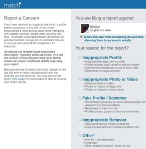 Screenshot of Match's Report a Concern form Screenshot of Match's Report a Concern form