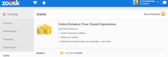 Screenshot of Zoosk's coin FAQ