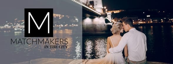 Photo of the Matchmakers in the City logo and a couple kissing by a bridge