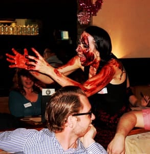 Photo of an actress covered in fake blood