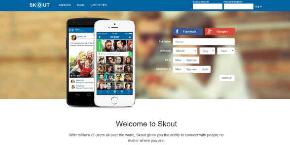 Screenshot of the Skout homepage
