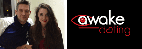 Photo of Jarrod Fidden, his wife, and the Awake Dating logo