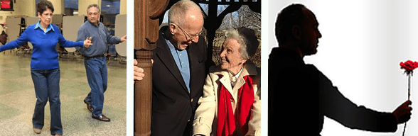 Collage of photos of seniors dancing, laughing, and holding a rose