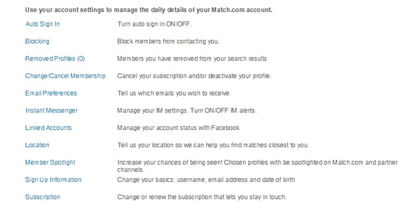 Screenshot of Match's settings page Screenshot of Match's settings page