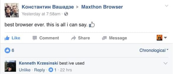 Screenshot of a comment on Maxthon's Facebook page