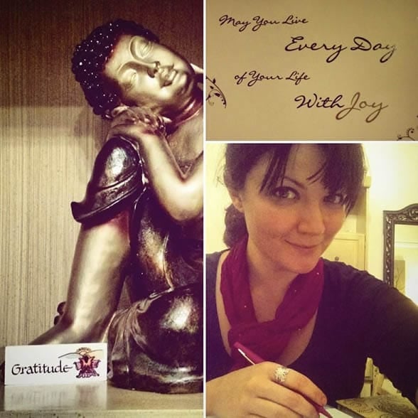 Photo collage of Mel, an inspirational quote, and a statue of Siddhartha 