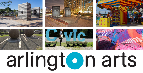 Collage of public art installations and the Arlington Arts logo