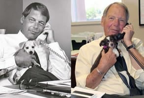 Side-by-side photos of CEO Bob Rohde at his desk in the '70s and today