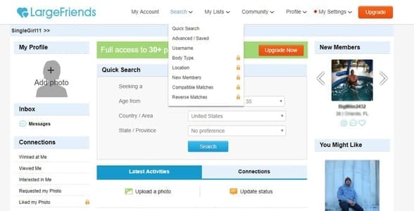 Screenshot of a dating profile on LargeFriends.com