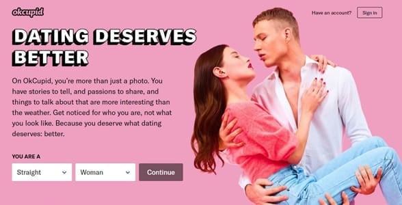 Screenshot of OkCupid's homepage