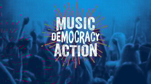Graphic of concertgoers and the HeadCount slogan Music Democracy Action