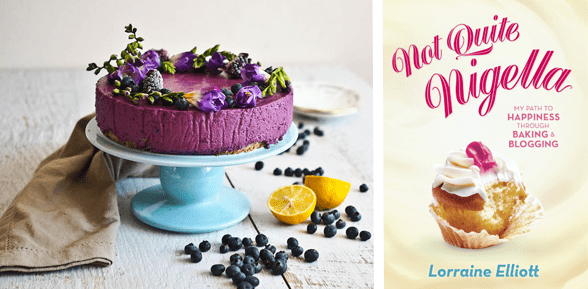 Photo of a cake and the cover of Lorraine's book Not Quite Nigella