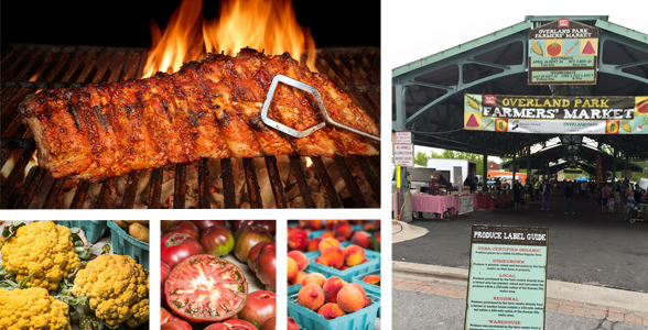 Collage of photos of BBQ, fresh produce, and the farmers' market