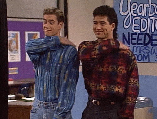 Photo of Zack and Slater from Saved By the Bell patting themselves on the back