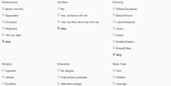 Screenshot of Zoosk's search filters