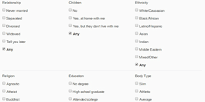 Screenshot of Zoosk's search filters Screenshot of Zoosk's search filters