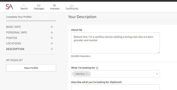 Screenshot of SeekingArrangement's profile setup