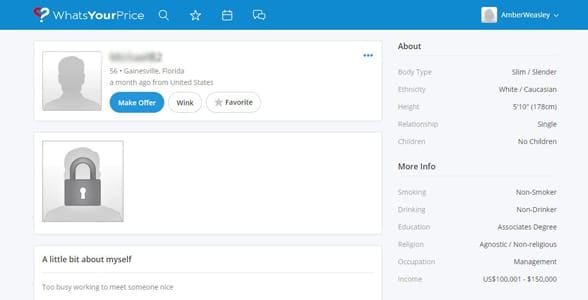 Screenshot of a profile on What's Your Price