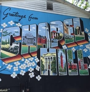 Photo of a Chapel Hill postcard mural Photo of a Chapel Hill postcard mural