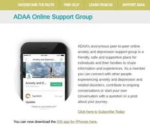 Screenshot of ADAA's support group landing page