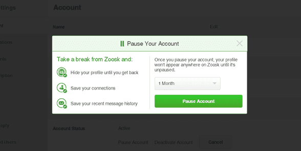 Screenshot of Pause Your Account on Zoosk