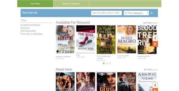 Screenshot of NetGalley's romance section