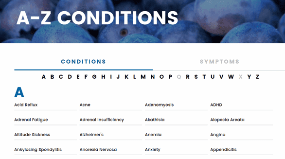 Screenshot of A-Z Conditions on DrAxe.com