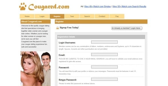 Screenshot of Cougared.com's sign-up page