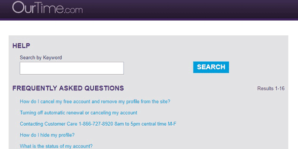 Screenshot of the OurTime contact page