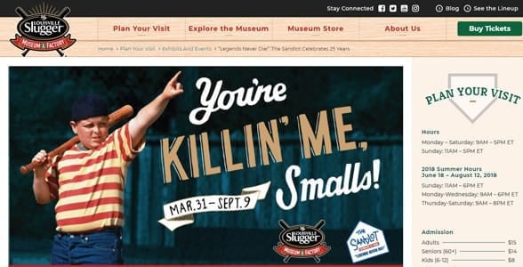 Screenshot from the Louisville Slugger Museum and Factory website