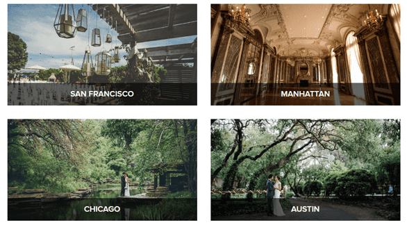 Screenshot of Wedding Spot city searches