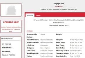 Screenshot of a dating profile on No Longer Lonely
