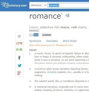 Screenshot of Dictionary.com's definition of romance