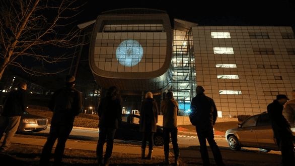 Photo of art projected onto EMPAC