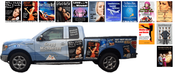 Photo of Gregg Michaelsen's work truck with his books Photo of Gregg Michaelsen's work truck with his books