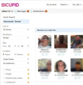 Screenshot of BiCupid's search features