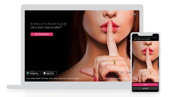 Screenshots of Ashley Madison on desktop and mobile