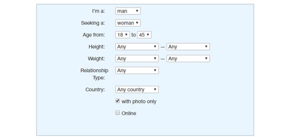 Screenshot of EraDating.com search screen