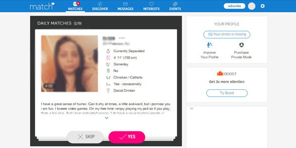 Screenshot of a Match daily match