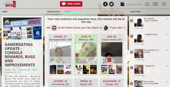 Screenshot of GamerDating's dashboard