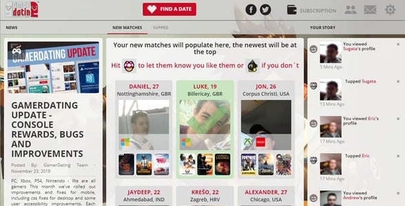 Screenshot of GamerDating's dashboard