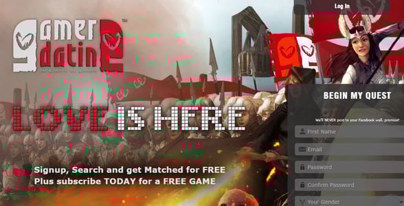 Screenshot of GamerDating's homepage