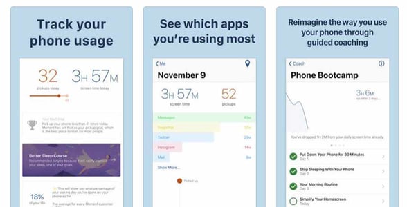 Screenshots of the Moment app