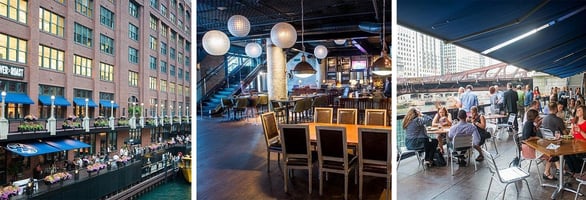 Collage of photos of River Roast interior and exterior