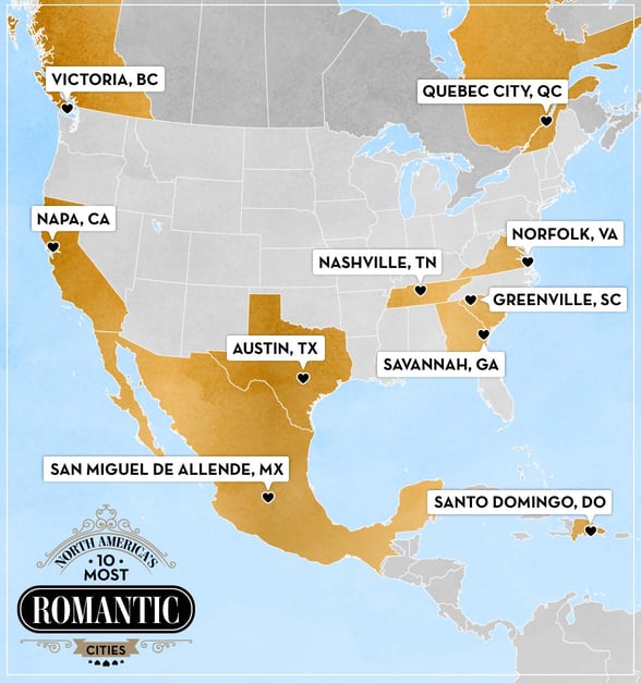 Map of North America's 10 Most Romantic Cities