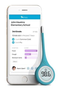 Photo of the Kinsa app and thermometer