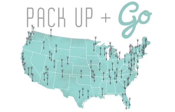 The Pack Up + Go logo and a destination map