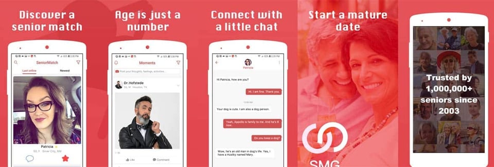 Screenshots van de SeniorMatch-app