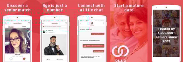 Screenshots of the SeniorMatch app