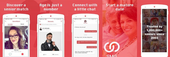 Screenshots of the SeniorMatch app